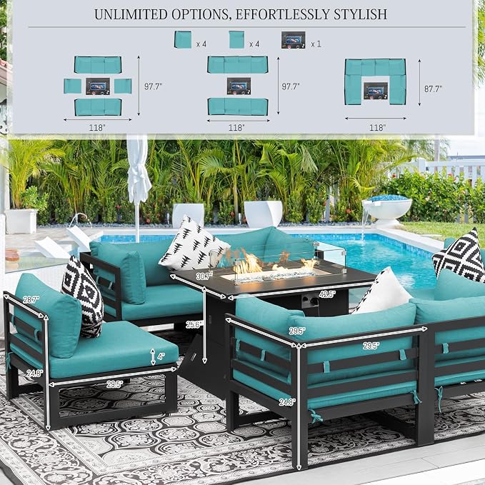BULEXYARD 8 Person Modern Aluminum Outdoor Patio Furniture Set with Fireplace, 29 inch Wide Deep Seating, Fade Resistant L-Shaped Sectional Couch, Plus Size Conversation Set for Backyard Terrace, Teal