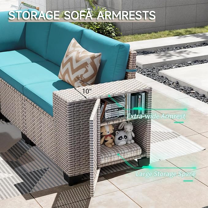 6-Piece Outdoor Patio Furniture Set, Modular Sectional Sofa Set with Glass Coffee Table and Cushions, Wicker Outdoor Couch Conversation Sets, Turquoise