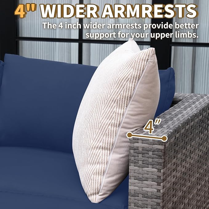 UDPATIO 5 Piece Patio Furniture Set, All-Weather Wicker Outdoor Sectional Sofa, L Shaped Outdoor Conversation Couch with Ottoman, Glass Table for Balcony Porch Backyard, Blue 5PCS