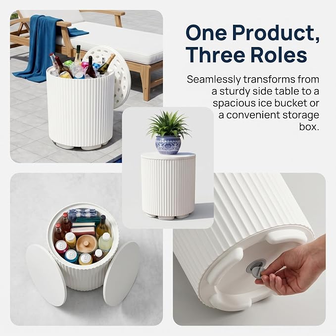 Zapdos 3-in-1 Outdoor Cooler Side Table, Dense Fluted Design, 330lbs Capacity Patio Ice Bucket