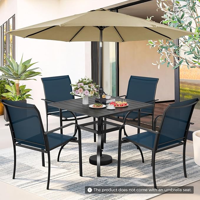 Incbruce 6 Pieces Patio Dining Set with Brown Umbrella, Outdoor Dining Set of 4 Textilene Chairs and Square Table with Umbrella Hole for Backyard, Garden, and Poolside (Blue)