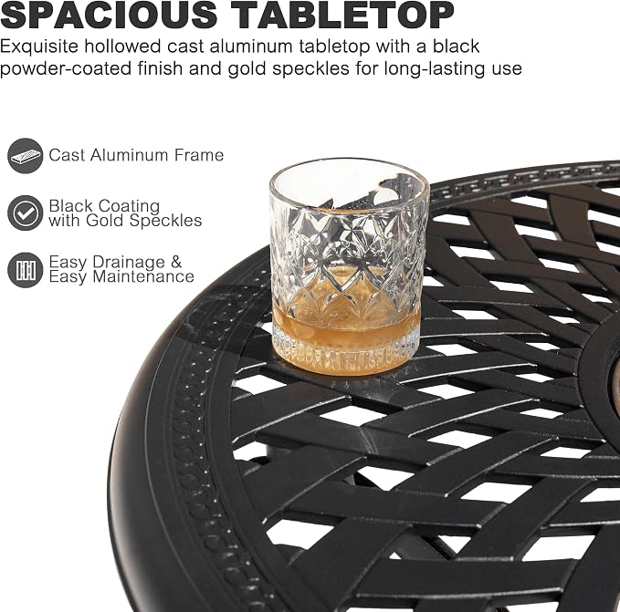 NUU GARDEN 30 Inch Patio Dining Table, Cast Aluminum Round Outdoor Table with Umbrella Hole for Patio, Backyard, Deck-Black