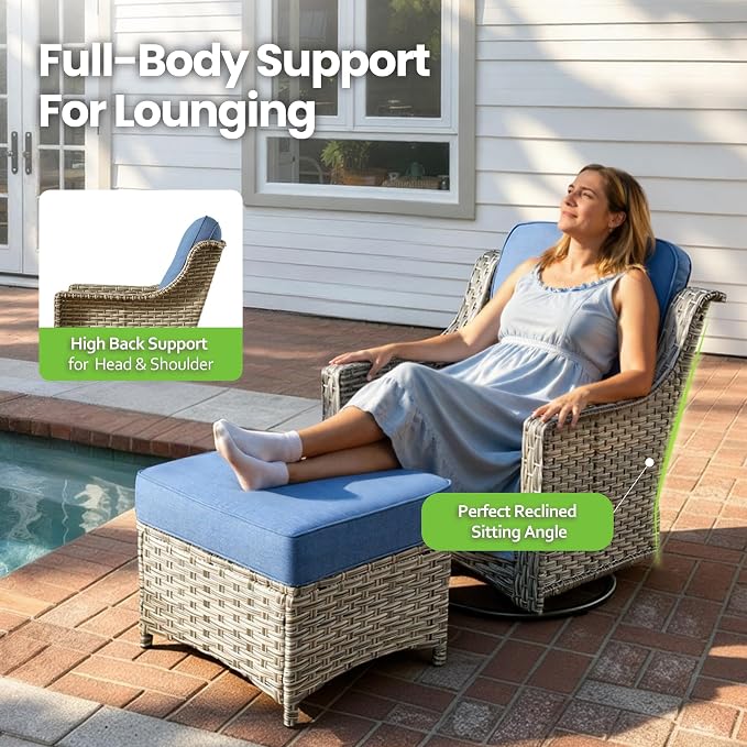 3 Piece Patio Furniture Set, Outdoor High Back Swivel Rocker Chairs Set of 2 with Side Table, All Weather Wicker Glider Chair with Thick Cushions for Backyard Balcony Porch, Sapphire Blue