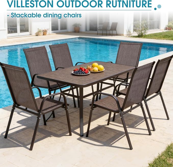 24.4" Wide Outdoor Stackable Chairs Set of 6, Stacking Patio Chairs with Textilene Fabric, Outside Furniture for Garden Backyard Balconie Poolside Deck, Brown