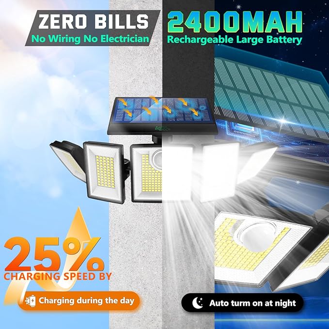 MDCMDCM Solar Lights Outdoor Waterproof Motion Sensor - 416 LEDs 3000 Lumens Super Bright 3 Brightness 3 Modes 360° Illumination 32ft Solar Flood Security Light for Outside (‎with Remote Control, 3)