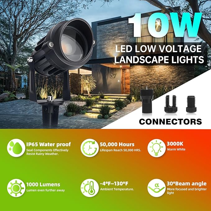 LAVAED 10W Landscape Lighting 12/24V Low Voltage Landscape Lighting LED Outdoor Spotlights 1000LM Waterproof Garden Uplights for Pathway,Patio,Yard,Flag,Tree(4Pack with Connectors)