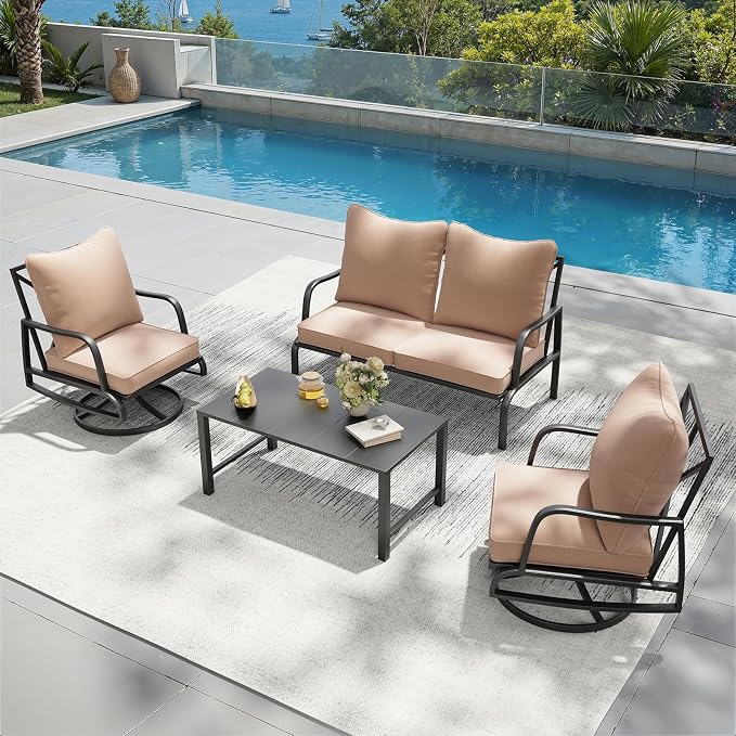 Soohow Patio Furniture Set, 4 Piece Outdoor Patio Furniture Set, 2 x Outdoor Swivel Chair, 1 x 2-Seats Sofa and 1 x Coffee Table, Metal Conversation Set for Porch, Balcony, and Backyard