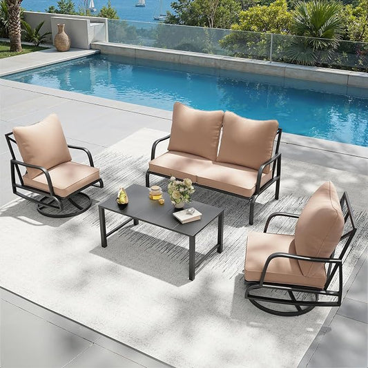 Soohow Patio Furniture Set, 4 Piece Outdoor Patio Furniture Set, 2 x Outdoor Swivel Chair, 1 x 2-Seats Sofa and 1 x Coffee Table, Metal Conversation Set for Porch, Balcony, and Backyard