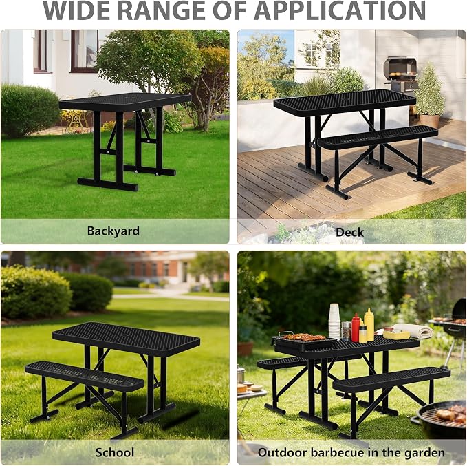 6FT Picnic Tables for Outdoors, Black Rectangular Heavy Duty Commercial Picnic Table with Umbrella Hole, Weather-Resistant Camping Table Dining Table for Backyard, Patio, Garden, Shops, Parks