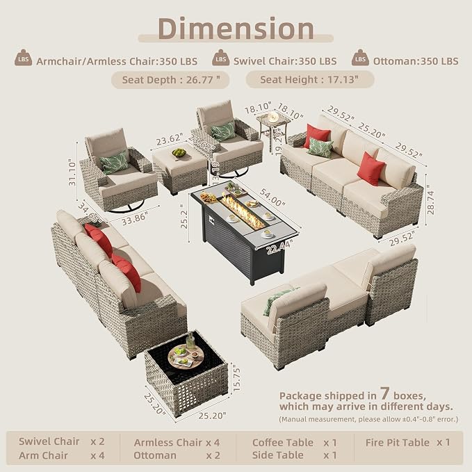 CAODOC 15-Piece Outdoor Sectional Sofa Set w/ 54" Fire Pit – L-Shaped Wicker Patio Furniture, Deep Seating & Swivel Rockers, Beige