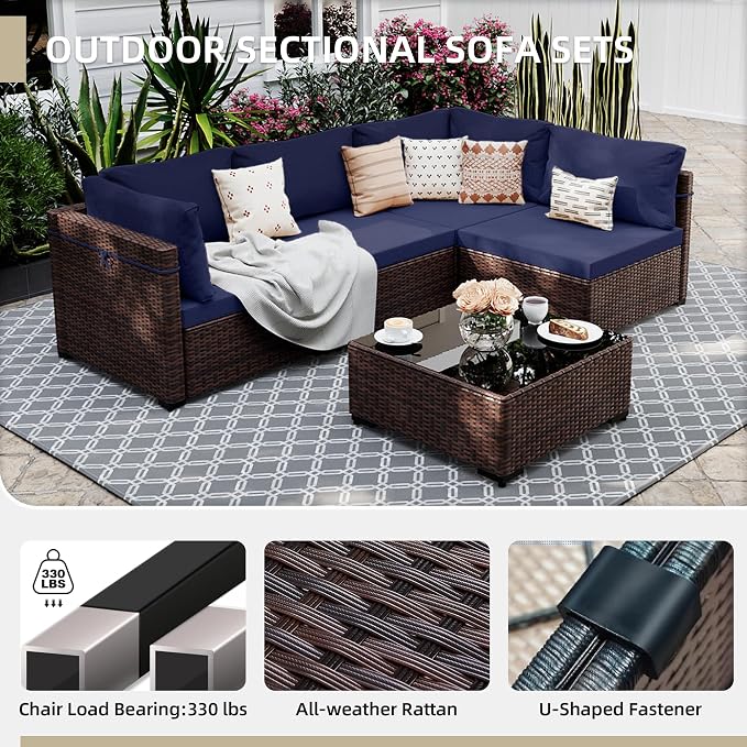 UPHA 5 Pieces Patio Furniture Sets, Wicker Outdoor Sectional Sofa Couch with Coffee Table, Patio Conversation Set for Deck Backyard Garden, Brown Rattan, Navy Blue Cushion