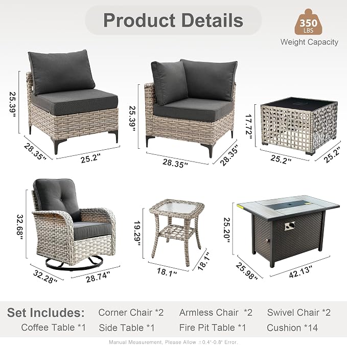 Outdoor Sectional Patio Furniture Set with Fire Pit Table,9 Pieces Rattan Wicker Conversation Sets L Shaped Couch,Outside Furniture with Swivel Chairs Glowing Coffee Table,Black