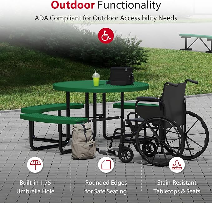 Leisure Craft Metal Picnic Table with Bench - 46" Round Outdoor Dining Table with Umbrella Hole, Heavy Duty Thermoplastic Coating, ADA Compliant, Commercial Grade Furniture Made in USA - Green