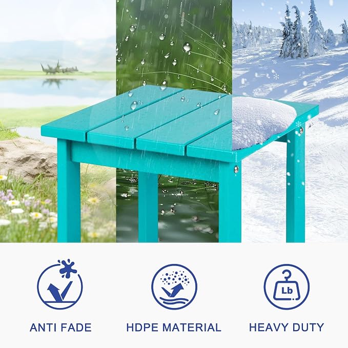 LZRS Patio End Table, Heavy Duty HDPE Outdoor Coffee Table with Wood Texture, Weatherproof Composite Table for Adirondack Chairs, Deck, Pool, Indoor/Outdoor, No Peeling or Cracking(Turquoise)