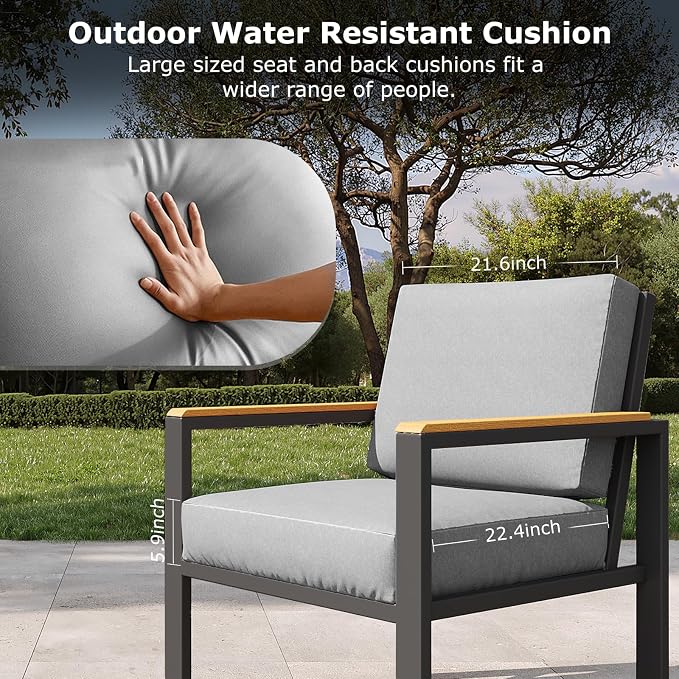 4-Piece Outdoor Patio Furniture Set, Metal Conversation Sofa Set with Deep Cushions & Wood-Like Armrests, Modern Patio Seating with Coffee Table for Garden, Porch, Balcony, Backyard (Grey)