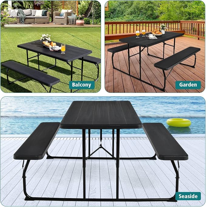 S AFSTAR Folding Picnic Table Bench Set, Foldable Picnic Table with 2 Benches, Outdoor Table and Bench W/Steel Frame & Wood-Like Texture Tabletop, Camping Table Chair Set for Garden Patio Lawn (Black)