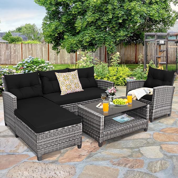 Tangkula 4 Pieces Rattan Conversation Set, Patiojoy Outdoor Furniture Set with Cushions, Lounge Sofa Set with Coffee Table, Patio Sectional Sofa Set for Patio Garden Poolside Backyard (Black)