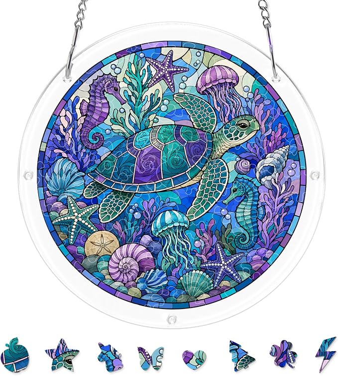 Acrylic Puzzle Suncatcher, Sun Catchers Puzzle for Window Hanging | 8.9 Inch Coastal Turtle DIY Suncatcher Puzzle for Adults, Ideal Gifts for Women, Men, Wife, Mom, Home & Garden Decor