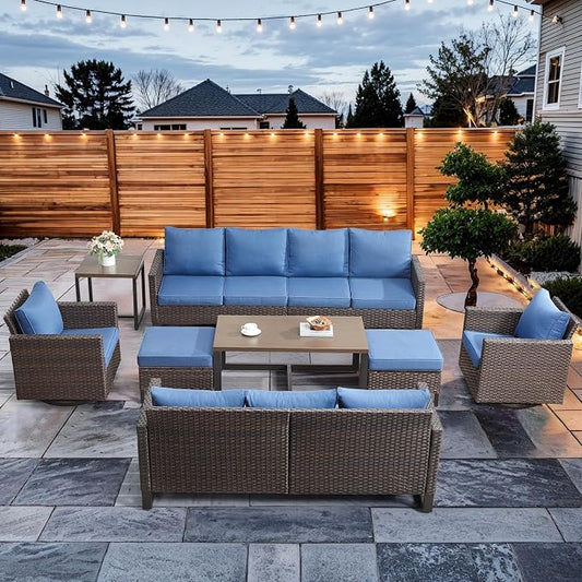 HUMMUH 9 Piece Patio Furniture Set Outdoor Sectional Sofa,High Back Patio Swivel Rocker Chairs with Ottomans Coffee Table for Porch,Garden,Backyard(Brown/Blue)