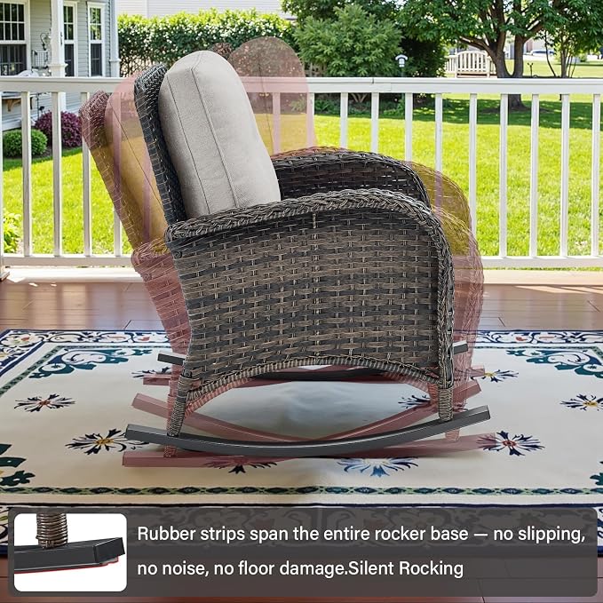 Belord Patio Rocking Chair Wicker Chair, 1 Piece Outdoor Rocking Chair Seating with Cushions for Porch Deck Balcony, Brown/Beige