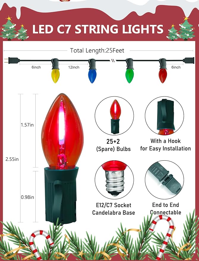 26Ft C7 LED Multicolor Christmas Lights Outdoor, Vintage Christmas String Lights with 27 Clear Colored LED Bulbs, Hanging Old Fashioned Xmas Decorations for Outside Holiday Party Garden, Green Wire