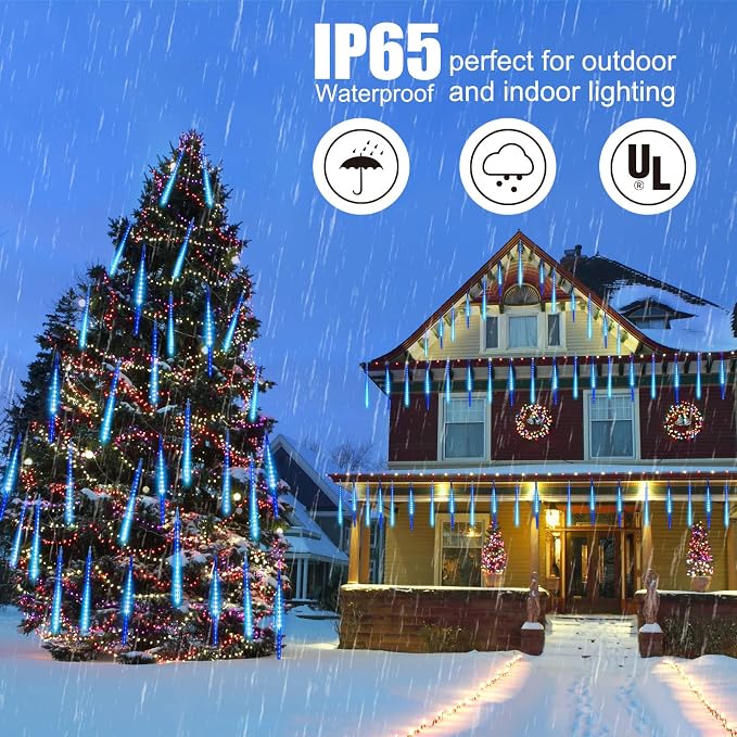 Meteor Shower Lights Outdoor, 16 Inches 16 Tubes 576 LED Icicle Lights, Waterproof Meteor Christmas Light Outdoor, Hanging Falling Rain Light for Tree Bushes Holiday Party Christmas Decor, Blue