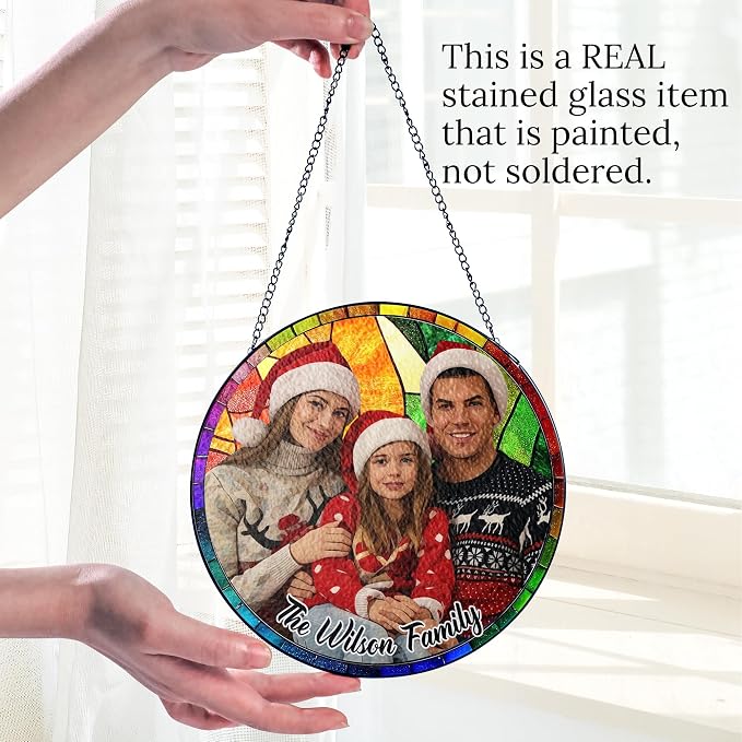 Personalized Stained Glass Christmas Suncatcher – Custom Family Photo Window Decor – First from Mom and Dad – Holiday Ornament Keepsake for Family