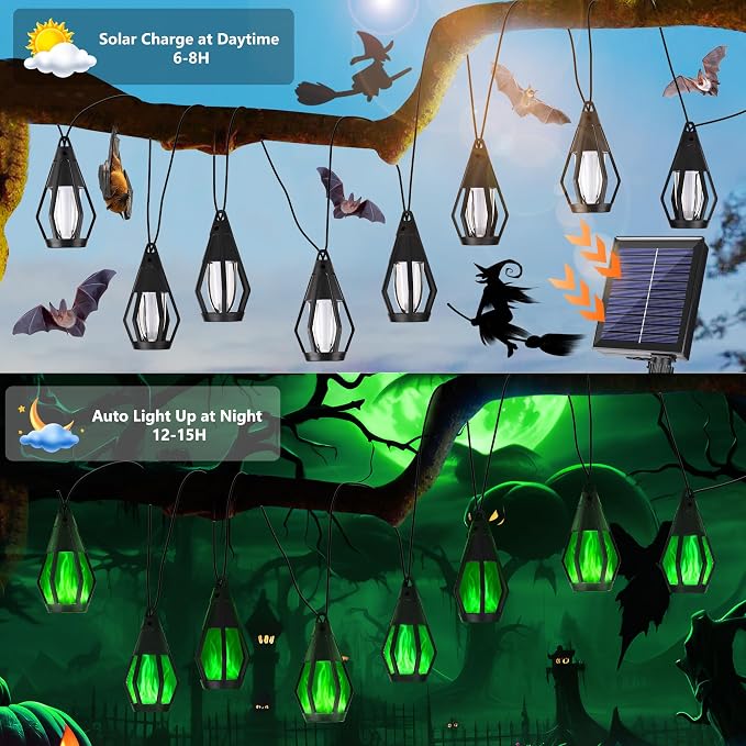 Solar String Lights for Outside, 21Ft Solar Patio Lights with 10 Flickering Flame Light Bulbs, Waterproof Green Solar Powered Outdoor Lights for Garden Yard Patio Gazebo Bistro Cafe Porch Party Decor