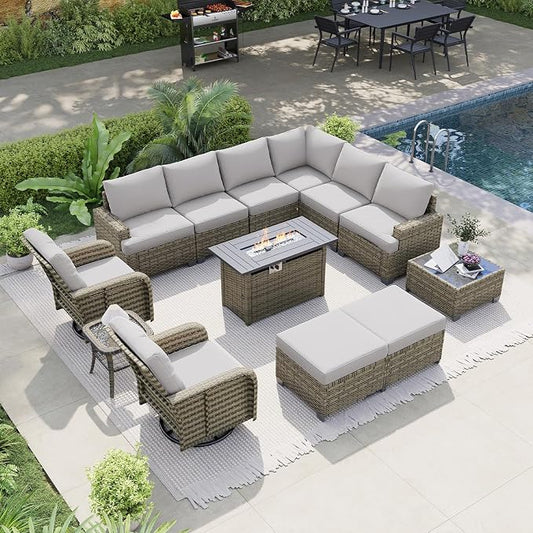 LET'S PATIO Luxury Patio Furniture Set with Fire Pit Table, 13 Piece Outdoor Furniture Set with Swivel Rocker Chairs & Ottomans, All-Weather Patio Sectional Sofas with Thickened Cushions, Grey