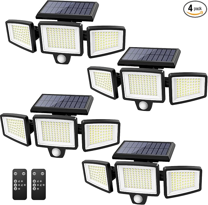 Tuffenough Solar Outdoor Lights 2500LM 210 LED Security Lights with Remote Control,3 Heads Motion Sensor Lights, IP65 Waterproof,270° Wide Angle Flood Wall Lights with 3 Modes(4 Pack)