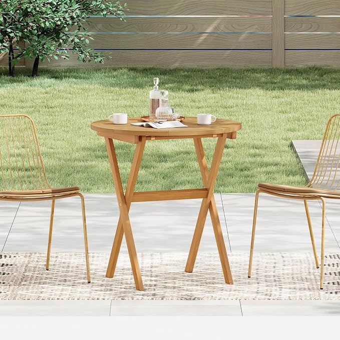 RELAX4LIFE Round Outdoor Folding Table - 26’’ Acacia Wood Patio Bistro Table w/Slatted Tabletop for Indoor Outside Dining Camping, Portable Foldable Wooden Furniture for Garden Backyard Porch (1)