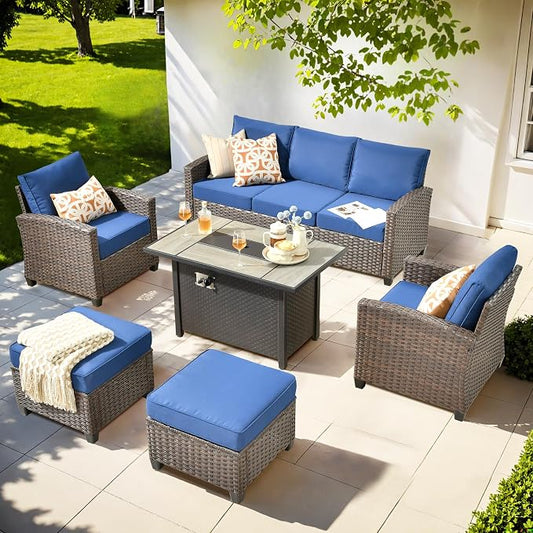 ovios 6 Pieces Patio Furniture Set, Outdoor Wicker Sofa Couch with 42" Fire Pit Table Comfy Cushions, All Weather Brown Rattan Conversation Set for Backyard Deck, Navy Blue