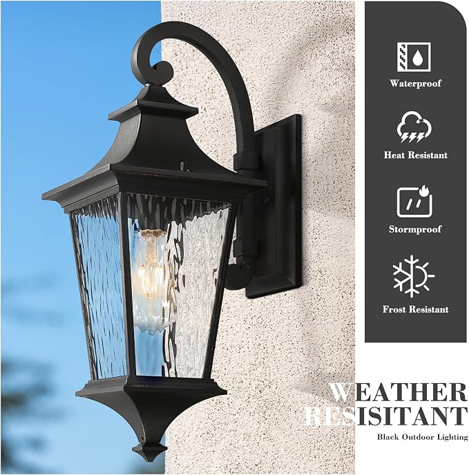 Emliviar Modern Outdoor Porch Light, 21.1 Inch Black Finish Classic Outside Wall Light with Water Ripple Glass, Outdoor Wall Mount Lighting for Entryway and Garage, XE292BM-SW BK