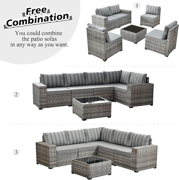 HOOOWOOO 9 Piece Modular Patio Outdoor Sectional Furniture Set with Swivel Rocking Chairs,Wicker Conversation Sofa Set,Outside Couch Set with Wide Arm(Grey Stripes)