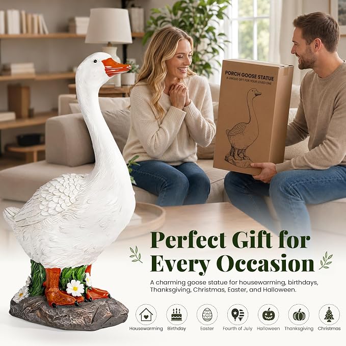 GIGALUMI 19" Porch Goose Statue, Durable Resin Garden Decor Hand-Painted | Animal Sculpture Indoor Outdoor, Patio Lawn Yard Art Ornaments, Birthday Housewarming Gift for Women Mom Grandma Friends