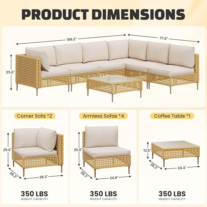LHBcraft 7-Piece Wicker Outdoor Patio Furniture Set, Modular Rattan Outdoor Furniture, Patio Conversation Sets, Handmade Rattan, Water Resistant Fluffy Cushions and Coffee Table, Brown