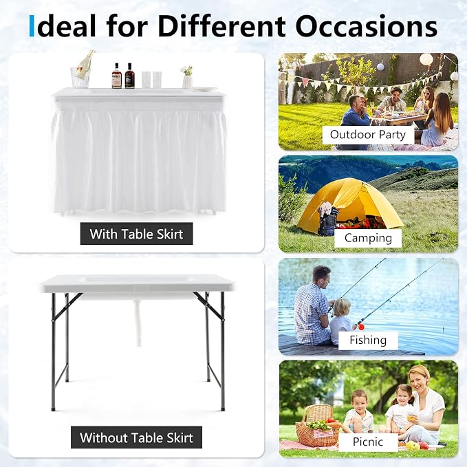 Giantex 4 FT Folding Ice Cooler Table for Parties with Drain, No Assembly Ice Bin Table with Removable Matching Skit, Portable Fill and Chill Table for Cooling Food Beverage, Picnic, BBQ, Tailgating