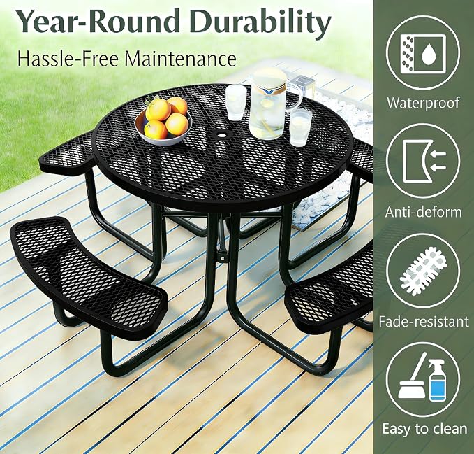 Garvee Heavy Duty Metal Picnic Tables for Outdoors with Umbrella Hole, 46" Round Top Patio Table Coated Steel Commercial Grade Furniture Set Weather & Rust Resistant (Expanded Steel, Black)
