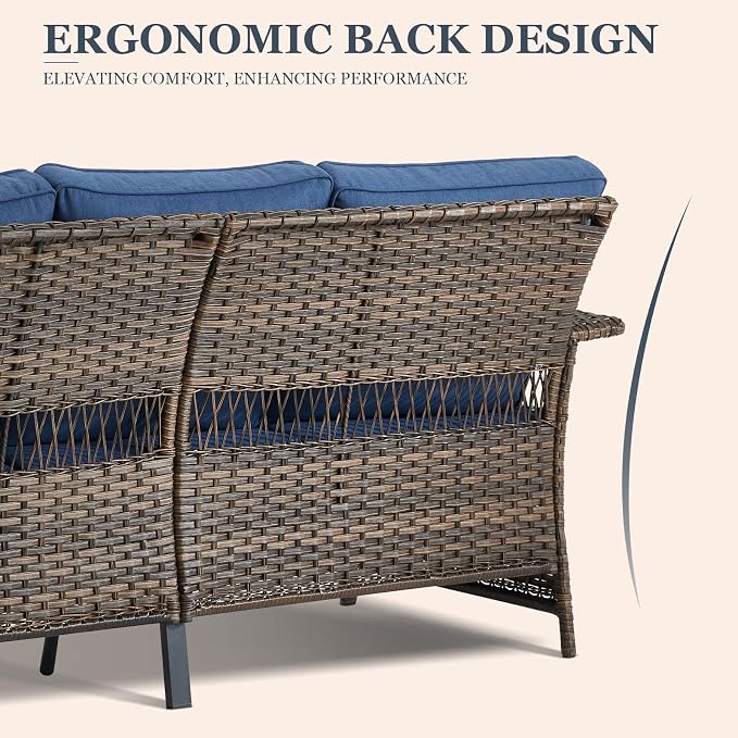 Patio Furniture Set 2 Wicker Patio Chairs 1 Sofa with PE Rattan Coffee Table Brown Wicker Blue Cushions Patio Conversation Set 4pcs for Garden Balcony Sunroom Backyard