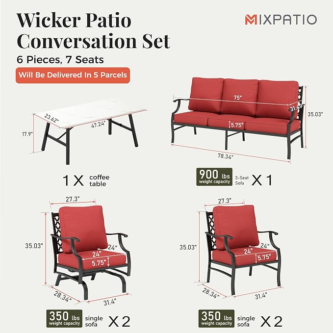 MIXPATIO Patio Furniture Set 6 pcs, Outdoor Patio Furniture, 1 X 3-Seat Sofa, 2 X Single Chairs, 2 X Rocker Chairs, 1 X Coffee Table and 5.75" Extra Thick Cushion, Patio Conversation Set,Red