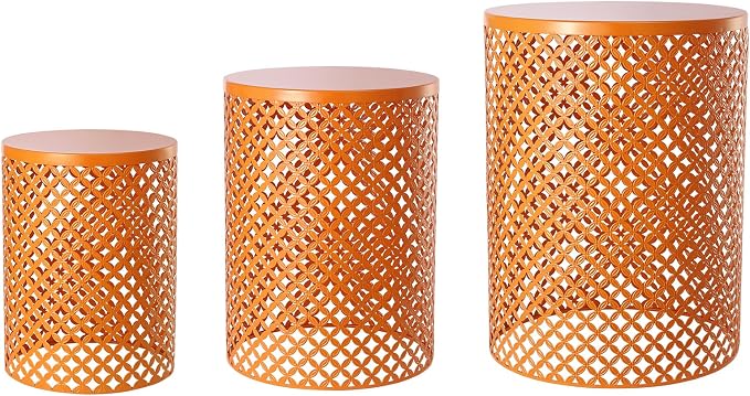 Outdoor Side Table, 3PCS Round Metal Frame Coffee End Tables, Modern Decorative Garden Stool, Multifunctional Nesting Side Table for Garden, Balcony, Cafe, Park, Pool Side (Orange)