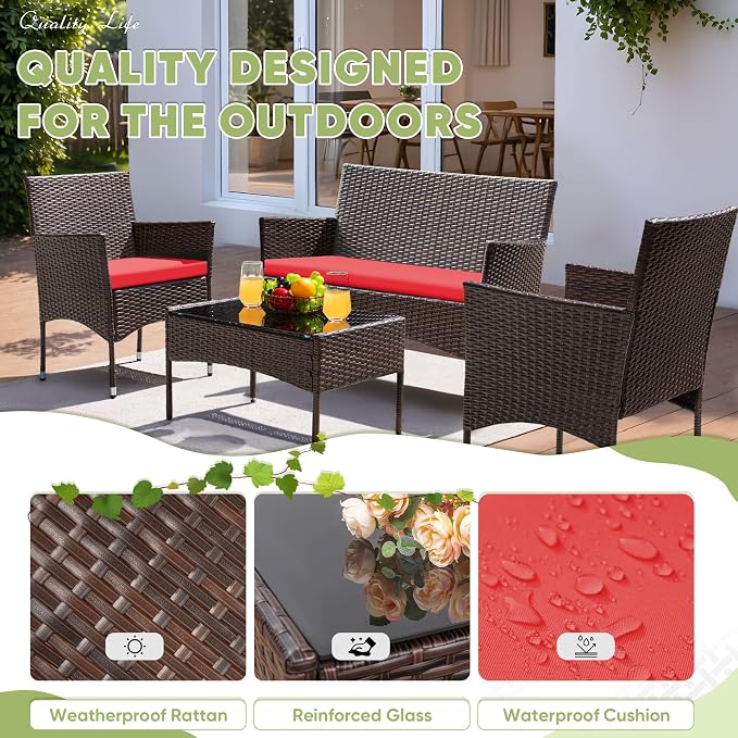 Greesum Patio Furniture 4 Pieces Conversation Sets Outdoor Wicker Rattan Chairs Garden Backyard Balcony Porch Poolside loveseat with Cushion and Glass Table, Brown and Red