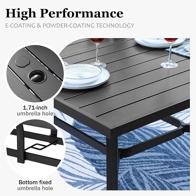 HERA'S HOUSE Patio Table, 8 Person Outdoor Dining Table with Umbrella Hole, Rectangle Black Metal Table for Lawn Garden Backyard Restaurant, 83" L x39 W x29 H