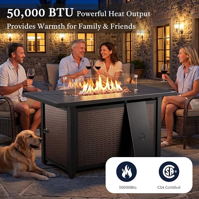 Luxury High Back Outdoor Furniture 6-Inch Thick Cushions with 50,000 BTU Gas Propane Fire Pit Tablet, Patio Furniture Set with Swivel Chairs, 8 PCS for Porch, Balcony, Deck and Yard
