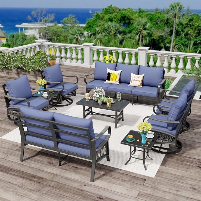 9 Piece Patio Furniture Set, 4 Single Swivel Chairs, Rope Braided Exposed with Thick Cushions, Outdoor All Weather Patio Conversation Sectional Sofa Set for Garden, Porch, Lawn, Blue
