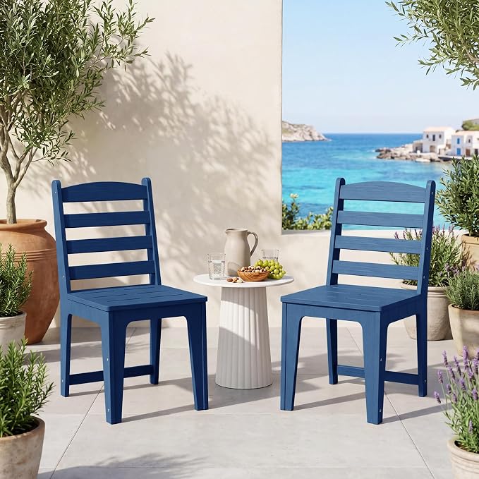 HDPE Outdoor Patio Dining Chair All Weather Resistant Set of 2, Blue | Slatted Back Dining Armless Chair, Weatherproof Outdoor Side Chair Patio Furniture for Poolside Garden Backyard Deck Indoor