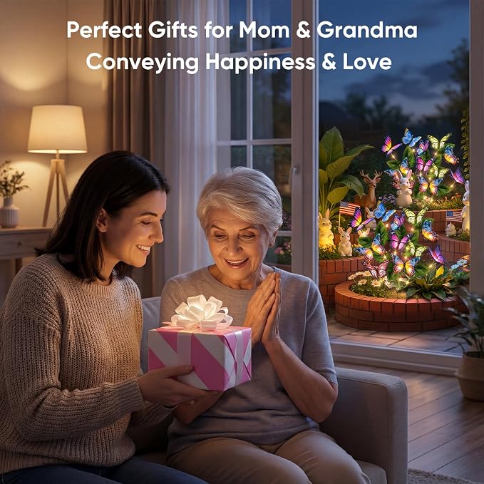 Solar Lights Outdoor Garden Decor: 6 Pack 102 Silk Butterflies with 132 Color-Changing LEDs - Auto On/Off 12H Magical Lighting IP65 Waterproof for Yard Patio Pathway - Unique Gifts for Mom Grandma
