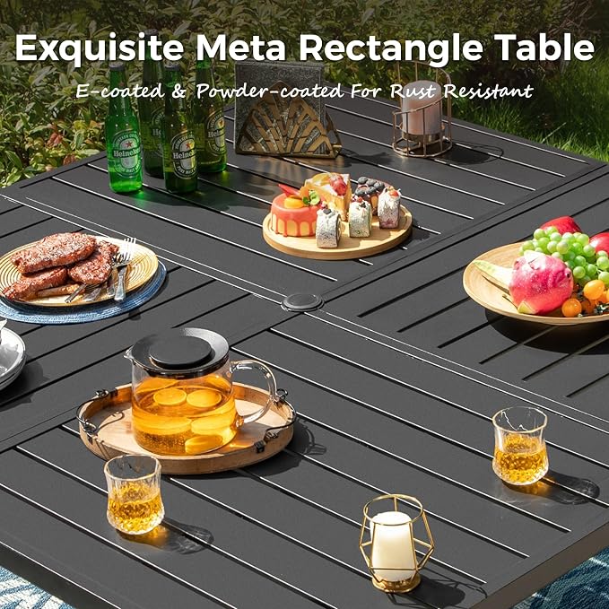 MIXPATIO 9 Piece Patio Metal Dining Set, Outdoor Table and Chairs for 8, Powder-Coating Steel Chairs with 4" Thickened Cushions, 57.5" Square Metal Table with 1.57" Umbrella Hole for Deck, Backyard