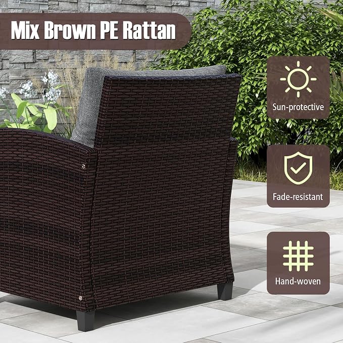 ORALNER 3 Pieces Patio Furniture Set, Outdoor Wicker Conversation Set Rattan Chairs with Cushions, Glass Coffee Table, Bistro Set for Front Porch Balcony Garden Deck Poolside (Grey)