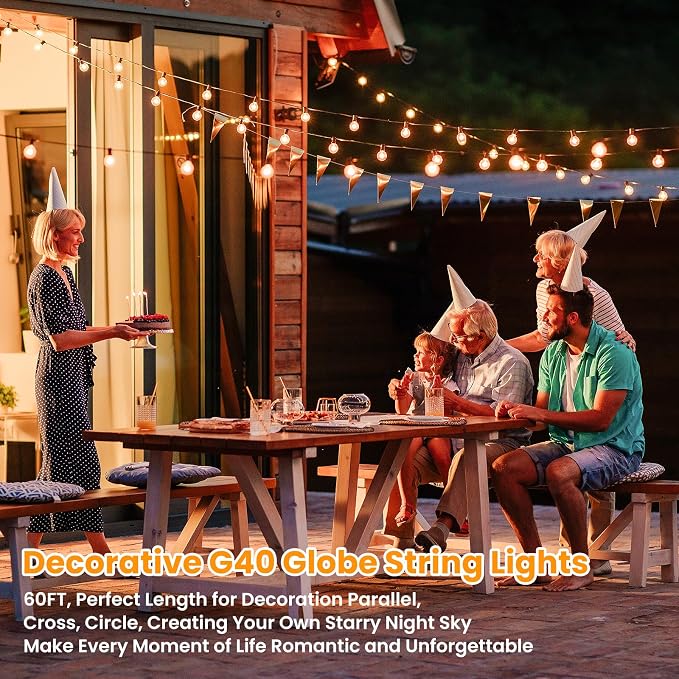 60FT Outdoor G40 LED Globe String Lights Dimmable | Waterproof Shatterproof Light Strings with 30 Bulbs Connectable Commercial Hanging Lights for Patio Backyard Balcony Party